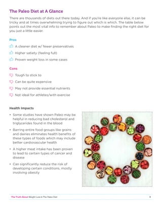 4The Truth About Weight Loss  The Paleo Diet
The Paleo Diet at A Glance
There are thousands of diets out there today. And if you’re like everyone else, it can be
tricky and at times overwhelming trying to figure out which is which. The table below
points out the most vital info to remember about Paleo to make finding the right diet for
you just a little easier.
Pros
A cleaner diet w/ fewer preservatives
Higher satiety (feeling full)
Proven weight loss in some cases
Cons
Tough to stick to
Can be quite expensive
May not provide essential nutrients
Not ideal for athletes/with exercise
Health Impacts
• Some studies have shown Paleo may be
helpful in reducing bad cholesterol and
triglycerides found in the blood
• Barring entire food groups like grains
and dairies eliminates health benefits of
these types of foods which may include
better cardiovascular health
• A higher meat intake has been proven
to lead to certain types of cancer and
disease
• Can significantly reduce the risk of
developing certain conditions, mostly
involving obesity
 