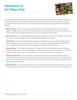 7The Truth About Weight Loss  The Paleo Diet
Variations of
the Paleo Diet
One benefit of the Paleo Diet is the fact that there are many different varieties. As such,
it might be easier for people with specific goals or sensitivities to incorporate a Paleo-
focused meal plan into their lives than other diets. Some of the most popular variations
include:
• 80/20 Paleo – What some call “starter Paleo,” an 80/20 Paleo Diet consists of 80%
Paleo-friendly foods and 20% non-Paleo foods. Many people start with this version as a
way to ease into the diet and then move on to a stricter version later.
• Basic Paleo – Your standard Paleo plan, Basic Paleo sticks to the core tenets of the diet:
no grains, dairies, refined sugars, or processed foods of any kind.
• Keto Paleo – This variation combines Paleo with what’s known as the Ketogenic Diet
which focuses on limiting carbs as much as possible. Connecting the two means you
end up getting the benefits (and drawbacks) of both at the same time.
• Vegan Paleo – As the name suggests, this type of diet incorporates vegan principles
into the meal plan. Plant-based proteins, nutrients, and fats are at the core of this diet as
veganism bars any use or consumption of any animal products whatsoever.
• Autoimmune Paleo – Some people on the Paleo Diet have the goal of reducing the
risk or severity of autoimmune diseases like Crohn’s disease, arthritis, or irritable bowel
syndrome. This variation cuts potatoes, peppers, seeds, nuts, and eggs to reduce these
autoimmune responses.
• Primal Paleo – Primal Paleo builds off of the core Basic Paleo Diet but includes raw and
fermented dairy products, fermented soy products, and occasional legumes and beans.
 