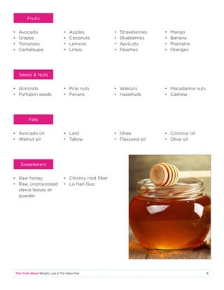 9The Truth About Weight Loss  The Paleo Diet
•	Avocado
•	Grapes
•	Tomatoes
•	Cantaloupe
•	Apples
•	Coconuts
•	Lemons
•	Limes
•	Strawberries
•	Blueberries
•	Apricots
•	Peaches
•	Mango
•	Banana
•	Plantains
•	Oranges
•	Almonds
•	 Pumpkin seeds
•	 Pine nuts
•	Pecans
•	Walnuts
•	Hazelnuts
•	 Macadamia nuts
•	Cashew
•	 Avocado oil
•	 Walnut oil
•	Lard
•	Tallow
•	Ghee
•	 Flaxseed oil
•	 Coconut oil
•	 Olive oil
•	 Raw honey
•	Raw, unprocessed
stevia leaves or
powder
•	 Chicory root fiber
•	 Lo Han Guo
Fruits
Seeds  Nuts
Fats
Sweeteners
 