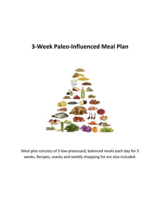 3-Week Paleo-Influenced Meal Plan
Meal plan consists of 3 low-processed, balanced meals each day for 3
weeks. Recipes, snacks and weekly shopping list are also included.
 
