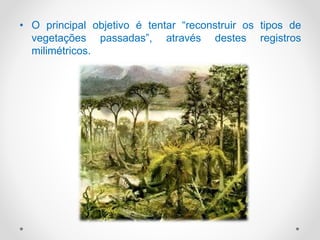 • O principal objetivo é tentar “reconstruir os tipos de
vegetações passadas”, através destes registros
milimétricos.
 