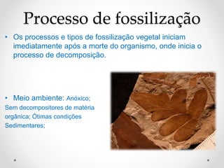 Processo de fossilização
• Os processos e tipos de fossilização vegetal iniciam
imediatamente após a morte do organismo, onde inicia o
processo de decomposição.
• Meio ambiente: Anóxico;
Sem decompositores de matéria
orgânica; Ótimas condições
Sedimentares;
 