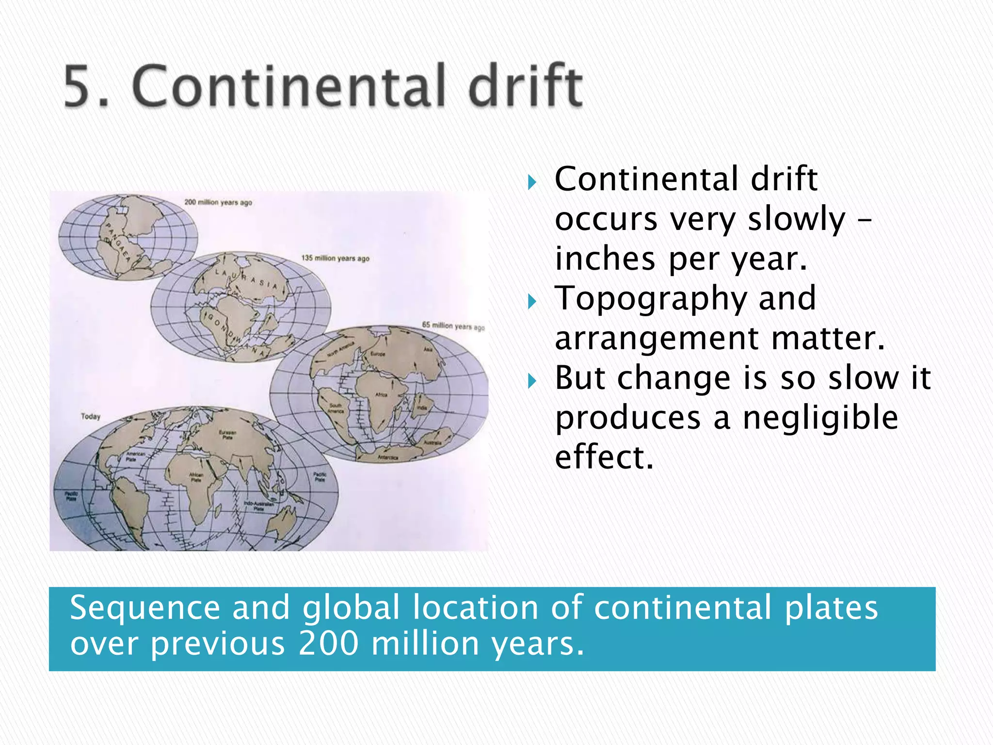    Continental drift
                                occurs very slowly –
                                inches per year.
                               Topography and
                                arrangement matter.
                               But change is so slow it
                                produces a negligible
                                effect.



Sequence and global location of continental plates
over previous 200 million years.
 