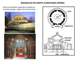 MAUSOLEO DE SANTA CONSTANZA (ROMA)
Planta centralizada, siguiendo el modelo de
los tholos griegos. Lugares de enterramiento.
 