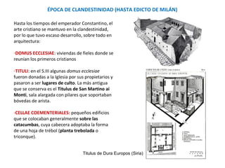 Hasta los tiempos del emperador Constantino, el
arte cristiano se mantuvo en la clandestinidad,
por lo que tuvo escaso desarrollo, sobre todo en
arquitectura:
-DOMUS ECCLESIAE: viviendas de fieles donde se
reunían los primeros cristianos
-TITULI: en el S.III algunas domus ecclesiae
fueron donadas a la Iglesia por sus propietarios y
pasaron a ser lugares de culto. La más antigua
que se conserva es el Titulus de San Martino ai
Monti, sala alargada con pilares que soportaban
bóvedas de arista.
-CELLAE COEMENTERIALES: pequeños edificios
que se colocaban generalmente sobre las
catacumbas, cuya cabecera adoptaba la forma
de una hoja de trébol (planta trebolada o
triconque).
ÉPOCA DE CLANDESTINIDAD (HASTA EDICTO DE MILÁN)
Titulus de Dura Europos (Siria)
 