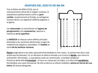 Tras el Edicto de Milán (313), con el
reconocimiento oficial de la religión cristiana, la
arquitectura paleocristiana sufrió un gran
cambio: al patrocinarla el Estado, se sufragaron
muchas obras y se regalaron edificios paganos a
la Iglesia.
Las catacumbas se convirtieron en lugares de
peregrinación y los cementerios pasaron a
realizarse en la superficie.
La BASÍLICA se impuso como edificio principal
destinado a las reuniones dominicales y lugar de
residencia de obispos y sacerdotes. El modelo se
tomó de las basílicas romanas.
DESPUÉS DEL EDICTO DE MILÁN
Planta longitudinal o de salón, generalmente dividida en tres naves, la central más alta y más
ancha que las laterales. En un extremo se halla la entrada y en el otro el ábside, que marca la
orientación del templo, y cuya planta suele ser semicircular, o también poligonal.
Pronto se desarrolló el transepto: el muro se rompe por los lados, a la altura del presbiterio,
formándose una nave transversal. De ello se deriva un efecto simbólico: planta en forma de cruz
latina, de brazos desiguales.
 