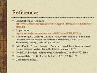 References
Lunguloid ripples jpeg from;
http://www.depauw.edu/acad/geosciences/tcope/SedStruct/HiRes/LinguloidRi
pples.jpg
Ripple marks
http://www.studiozoic.com/adventures/2004/pct/wa/IMG_4153.jpg
Bradley Dwight C., Hanson Lindley S., Paleocurrent analysis of a deformed
Devonian foreland basin in the Northern Appalachians, Maine, USA.
Sedimentary Geology, 148 (2002) p.425- 447
Potter Paul E., Pettijohn Francis J., Paleocurrents and Basin Analysis, second
edition. Springer-Verlag, Berlin Hiedelberg New York, 1977
Lewis D.W. Practical Sedimentology, University of Canterbury NZ. 1984.
Compton Robert R., Geology in the Field. 1985 p. 52, 162-175
Class handout thingy…

 