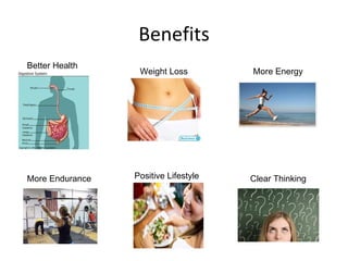 Benefits
Better Health
                  Weight Loss         More Energy




More Endurance   Positive Lifestyle   Clear Thinking
 