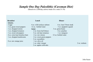 Breakfast Lunch Dinner
Omelet:
2 eggs 4 oz. wild sockeye salmon 4 oz. lean T-bone steak
1 oz. green sweet peppers 12 oz. bottled water 3 oz. spaghetti squash
1 oz. chopped onions Salad: 3 oz. green beans
1 oz. chopped tomatoes 2 oz. loose leaf lettuce 4 oz. peaches
1 oz. sweet red peppers 3 oz. red ripe tomatoes 1 oz. mangoes
4 oz. extra lean boneless ham 2 oz. raw onions 12 oz. bottled water
1 oz. chopped mushrooms 2 oz. sweet green peppers
2 oz. cucumbers
8 oz. raw orange juice 1 oz. olive oil
1 oz. cider vinegar 2 oz. walnuts
2 oz. apples with skin
John Susen
Sample One Day Paleolithic (Caveman Diet)
(Based on a 2300/day calorie intake for a male 51-70)
 