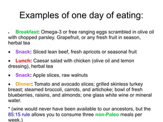 Examples of one day of eating:
· Breakfast: Omega-3 or free ranging eggs scrambled in olive oil
with chopped parsley. Grap...