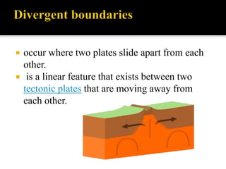  occur where two plates slide apart from each
other.
 is a linear feature that exists between two
tectonic plates that are moving away from
each other.
 
