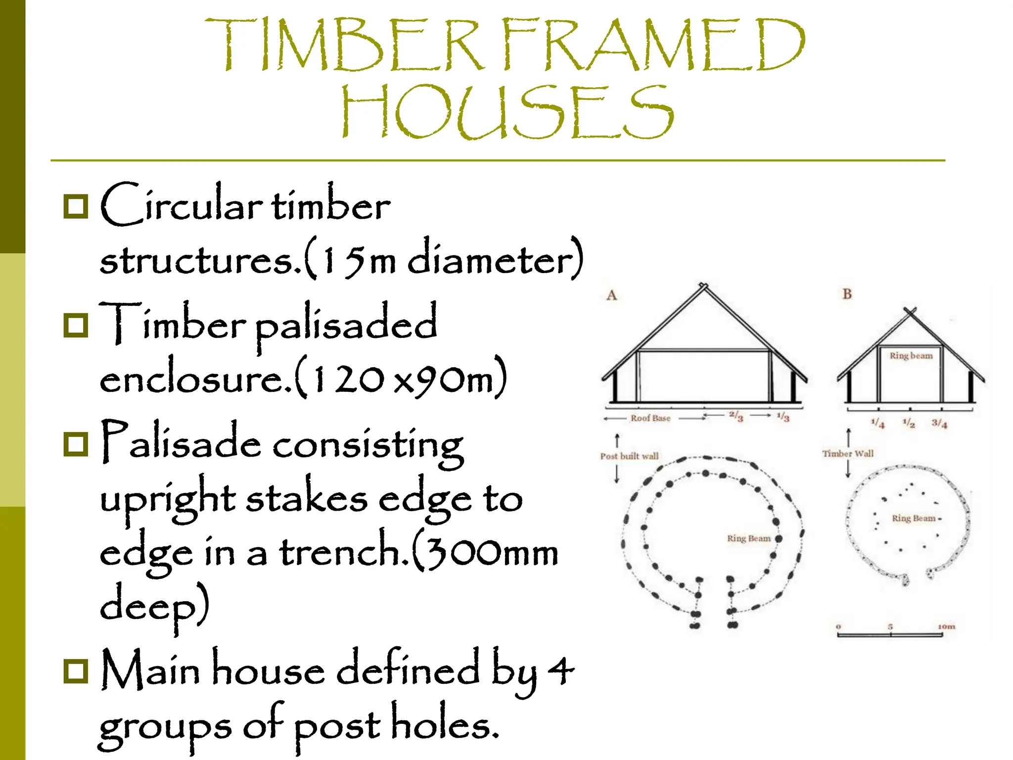 TIMBER FRAMED
HOUSES
 Circular timber
structures.(15m diameter)
 Timber palisaded
enclosure.(120 x90m)
 Palisade consisting
upright stakes edge to
edge in a trench.(300mm
deep)
 Main house defined by 4
groups of post holes.
 