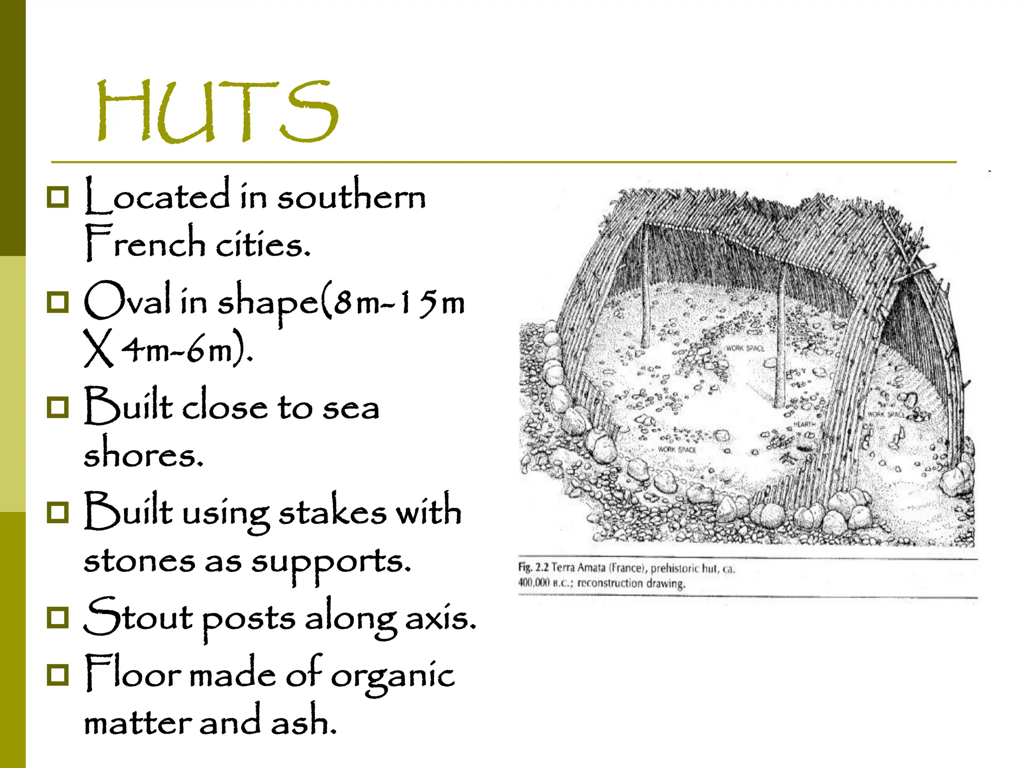HUTS
 Located in southern
French cities.
 Oval in shape(8m-15m
X 4m-6m).
 Built close to sea
shores.
 Built using stakes with
stones as supports.
 Stout posts along axis.
 Floor made of organic
matter and ash.
 