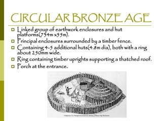CIRCULAR BRONZE AGE







Linked group of earthwork enclosures and hut
platforms(734m x55m).
Principal enclosures surrounded by a timber fence.
Containing 4-5 additional huts(4.8m dia), both with a ring
about 250mm wide.
Ring containing timber uprights supporting a thatched roof.
Porch at the entrance.

 