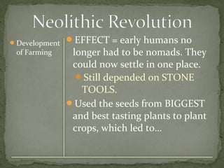 Development 
of Farming 
EFFECT = early humans no 
longer had to be nomads. They 
could now settle in one place. 
Still depended on STONE 
TOOLS. 
Used the seeds from BIGGEST 
and best tasting plants to plant 
crops, which led to… 
 