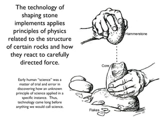 The technology of shaping stone implements applies principles of physics related to the structure of certain rocks and how they react to carefully directed force. Early human “science” was a matter of trial and error in discovering how an unknown principle of science applied in a specific instance.  Thus, technology came long before anything we would call science. 