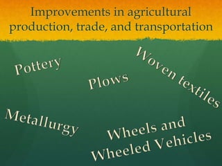 Improvements in agricultural
production, trade, and transportation
 