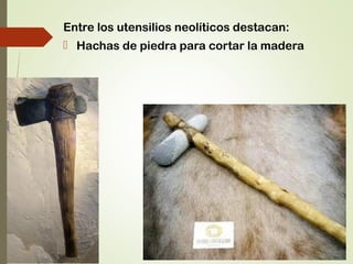 Entre los utensilios neolíticos destacan:
 Hachas de piedra para cortar la madera.
 