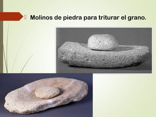  Molinos de piedra para triturar el grano.
 