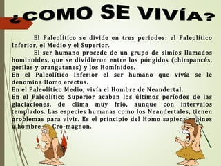 El Paleolítico se divide en tres periodos: el Paleolítico
Inferior, el Medio y el Superior.
El ser humano procede de un grupo de simios llamados
hominoides, que se dividieron entre los póngidos (chimpancés,
gorilas y orangutanes) y los Homínidos.
En el Paleolítico Inferior el ser humano que vivía se le
denomina Homo erectus.
En el Paleolítico Medio, vivía el Hombre de Neandertal.
En el Paleolítico Superior acaban los últimos períodos de las
glaciaciones, de clima muy frío, aunque con intervalos
templados. Las especies humanas como los Neandertales, tienen
problemas para vivir. Es el principio del Homo sapiens sapines
u hombre de Cro-magnon.
 