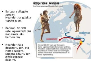 • Europara ailegatu
zenean,
Neanderthal gizakia
topatu zuen.
• Badirudi 10.000
urte inguru biak bizi
izan zirela leku
berberetan.
• Neanderthala
desagertu zen, eta
Homo sapiens-
sapiens bihurtu zen
gizaki espezie
bakarra.
 