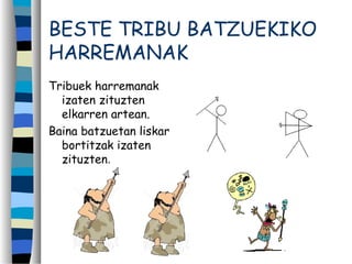 BESTE TRIBU BATZUEKIKO
HARREMANAK
Tribuek harremanak
izaten zituzten
elkarren artean.
Baina batzuetan liskar
bortitzak izaten
zituzten.
 