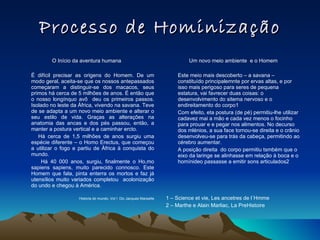 Processo de Hominização O Início da aventura humana É difícil precisar as origens do Homem. De um modo geral, aceita-se que os nossos antepassados começaram a distinguir-se dos macacos, seus primos há cerca de 5 milhões de anos. É então que o nosso longínquo avô  deu os primeiros passos. Isolado no leste da África, vivendo na savana. Teve de se adapta a um novo meio ambiente e alterar o seu estilo de vida. Graças as alterações na anatomia das ancas e dos pés passou, então, a manter a postura vertical e a caminhar ercto. Há cerca de 1,5 milhões de anos surgiu uma espécie diferente – o Homo Erectus, que começou a utilizar o fogo e partiu de África à conquista do mundo. Há 40 000 anos, surgiu, finalmente o Ho,mo sapiens sapiens, muito parecido connosco. Este Homem que fala, pinta enterra os mortos e faz já utensílios muito variados completou  acolonização do undo e chegou à América. Historia do mundo, Vol !. Dic Jacques Marseille Um novo meio ambiente  e o Homem Este meio mais descoberto – a savana – constituído principalemnte por ervas altas, e por isso mais perigoso para seres de pequena estatura, vai favrecer duas coisas: o desenvolvimento do sitema nervoso e o endireitamento do corpo1 Com efeito, eta postura (de pé) permitiu-lhe utilizar cadavez mai a mão e cada vez menos o focinho para prouar e e pegar nos alimentos. No decurso dos mlénios, a sua face tornou-se direita e o crânio desenvolveu-se para trás da cabeça, permitindo ao cérebro aumentar. A posição direita  do corpo permitiu tsmbém que o eixo da laringe se alinhasse em relação à boca e o homínideo passasse a emitir sons articulados2 1 – Science et vie, Les ancetres de l´Hmme 2 – Marthe e Alain Marliac, La PreHistoire 