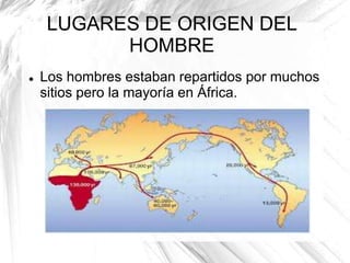 LUGARES DE ORIGEN DEL
HOMBRE


Los hombres estaban repartidos por muchos
sitios pero la mayoría en África.

 