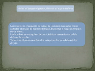 Vivian en pequeños grupos, de unos 20 a 50 miembros
Las mujeres se encargaban de cuidar de los niños, recolectar frutos,
capturar animales de pequeño tamaño, mantener el fuego encendido,
curtir pieles…
Los hombres se encargaban de cazar, fabricar herramientas y de la
defensa de la tribu.
Todos contribuían a enseñar a los más pequeños y cuidaban de los
demás.
 