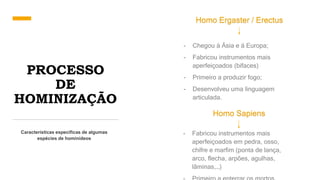 PROCESSO
DE
HOMINIZAÇÃO
Características especificas de algumas
espécies de hominídeos
Homo Ergaster / Erectus
- Chegou á Ásia e á Europa;
- Fabricou instrumentos mais
aperfeiçoados (bifaces)
- Primeiro a produzir fogo;
- Desenvolveu uma linguagem
articulada.
Homo Sapiens
- Fabricou instrumentos mais
aperfeiçoados em pedra, osso,
chifre e marfim (ponta de lança,
arco, flecha, arpões, agulhas,
lâminas,…)
 