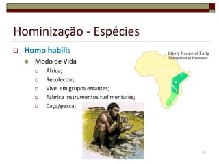Hominização - Espécies


Homo habilis


Modo de Vida







África;
Recolector;
Vive em grupos errantes;
Fabrica instrumentos rudimentares;
Caça/pesca;

11

 