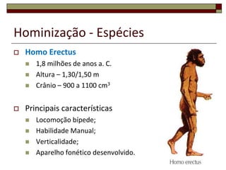 Hominização - Espécies


Homo Erectus






1,8 milhões de anos a. C.
Altura – 1,30/1,50 m
Crânio – 900 a 1100 cm3

Principais características





Locomoção bípede;
Habilidade Manual;
Verticalidade;
Aparelho fonético desenvolvido.
12

 