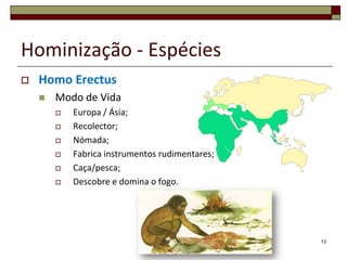 Hominização - Espécies


Homo Erectus


Modo de Vida








Europa / Ásia;
Recolector;
Nómada;
Fabrica instrumentos rudimentares;
Caça/pesca;
Descobre e domina o fogo.

13

 