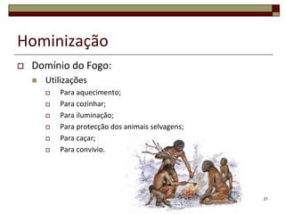 Hominização


Domínio do Fogo:


Utilizações








Para aquecimento;
Para cozinhar;
Para iluminação;
Para protecção dos animais selvagens;
Para caçar;
Para convívio.

21

 