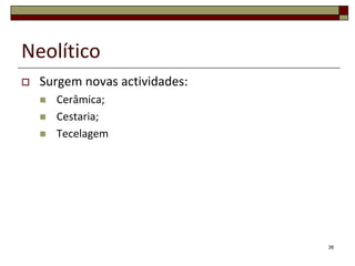 Neolítico


Surgem novas actividades:




Cerâmica;
Cestaria;
Tecelagem

38

 