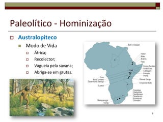 Paleolítico - Hominização


Australopiteco


Modo de Vida






África;
Recolector;
Vagueia pela savana;
Abriga-se em grutas.

9

 