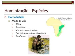 Hominização - Espécies


Homo habilis


Modo de Vida







África;
Recolector;
Vive em grupos errantes;
Fabrica in...