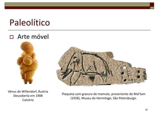 Paleolítico


Arte móvel

Vénus de Willendorf, Áustria
Descoberta em 1908
Calcário

Plaqueta com gravura de mamute, prove...