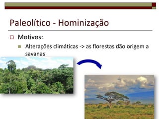 Paleolítico - Hominização


Motivos:


Alterações climáticas -> as florestas dão origem a
savanas

4

 