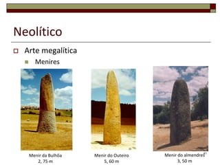 Neolítico


Arte megalítica


Menires

Menir da Bulhôa
2, 75 m

Menir do Outeiro
5, 60 m

41
Menir do almendres
3, 50 m

 