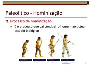 Paleolítico - HominizaçãoProcesso de hominizaçãoé o processo que vai conduzir o homem ao actual estádio biológico6