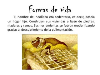 Formas de vida
El hombre del neolítico era sedentario, es decir, poseía
un hogar fijo. Construían sus viviendas a base de piedras,
maderas y ramas. Sus herramientas se fueron modernizando
gracias al descubrimiento de la pulimentación.
 