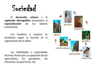 Sociedad
El desarrollo urbano y la
explosión demográfica provocaron la
especialización de las labores
económicas.
Los hombres y mujeres se
dividieron según su función en la
organización de la aldea.
Las habilidades y capacidades
técnicas dieron pie a la aparición de los
agricultores, los ganaderos, los
artesanos, los guerreros, etc.
 