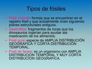 Tipos de fósiles
• Fósil viviente: formas que se encuentran en el
registro fósil y que actualmente viven siguiendo
planes estructurales antiguos.
• Gastrolitos: fragmentos de rocas que los
dinosaurios ingerían para ayudar ala
masticación de los alimentos.
• Fósil guía: especie de AMPLIA DISTRIBUCIÓN
GEOGRAFICA Y CORTA DISTRIBUCIÓN
TEMPORAL.
• Fósil de facies: es un organismo con AMPLIA
DISTRIBUCION TEMPORAL Y MUY CORTA
DISTRIBUCÍON GEOGRAFICA.
 