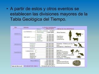 • A partir de estos y otros eventos se
establecen las divisiones mayores de la
Tabla Geológica del Tiempo.
 