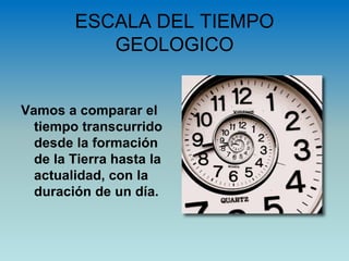 ESCALA DEL TIEMPO
GEOLOGICO
Vamos a comparar el
tiempo transcurrido
desde la formación
de la Tierra hasta la
actualidad, con la
duración de un día.
 