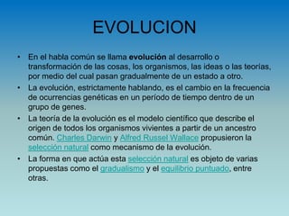 EVOLUCION
• En el habla común se llama evolución al desarrollo o
transformación de las cosas, los organismos, las ideas o las teorías,
por medio del cual pasan gradualmente de un estado a otro.
• La evolución, estrictamente hablando, es el cambio en la frecuencia
de ocurrencias genéticas en un período de tiempo dentro de un
grupo de genes.
• La teoría de la evolución es el modelo científico que describe el
origen de todos los organismos vivientes a partir de un ancestro
común. Charles Darwin y Alfred Russel Wallace propusieron la
selección natural como mecanismo de la evolución.
• La forma en que actúa esta selección natural es objeto de varias
propuestas como el gradualismo y el equilibrio puntuado, entre
otras.
 