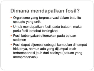 Dimana mendapatkan fosil?
 Organisme yang terpreservasi dalam batu itu
sesuatu yang unik
 Untuk mendapatkan fosil, pada batuan, maka
perlu fosil tersebut tersingkap
 Fosil kebanyakan ditemukan pada batuan
sedimen
 Fosil dapat dijumpai sebagai kumpulan di tempat
hidupnya, namun ada yang dijumpai telah
tertransportasi jauh dari asalnya (batuan yang
mempreservasi)
 
