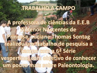 TRABALHO A CAMPOA professora de ciências da E.E.B Antenor Nascentes de Princesa, Luciane Thomas Sontag realizou um trabalho de pesquisa a campo com a 6ª Série vespertino, com objetivo de conhecer um pouco mais sobre Paleontologia.