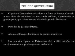  O período Quaternário viu a flora e a fauna de insetos. Contudo
muitos tipos de mamíferos extintos ainda existiam, e geralmente de
grande porte, que sobreviveu até à idade do gelo do Pleistoceno.
 Períodos de glaciação intensa.
 Alteração flora, predominância de grandes mamíferos.
 Sua primeira Época, o Pleistoceno (1.8 a 0.01 milhões de
anos), caracteriza-se pelo surgimento do homem.
PERÍODO QUATERNÁRIO
 